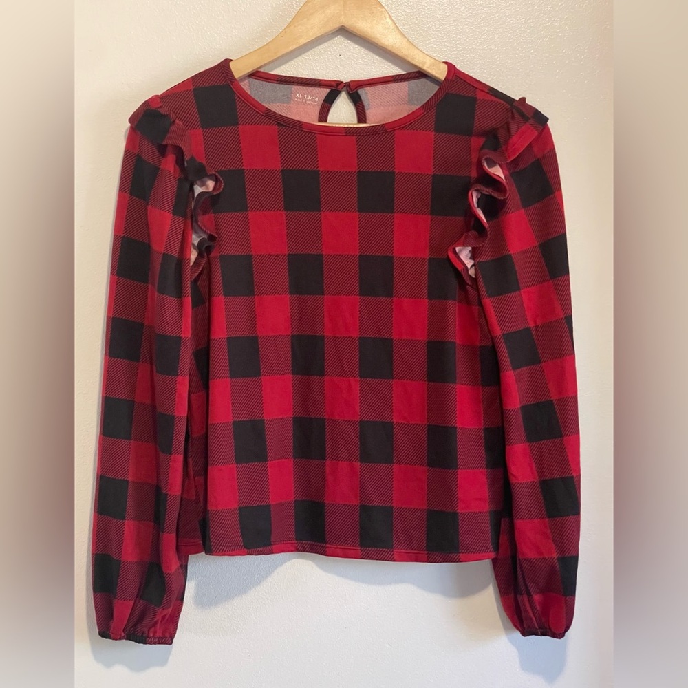 Red and Black Buffalo Plaid Ruffles Shoulder Tee